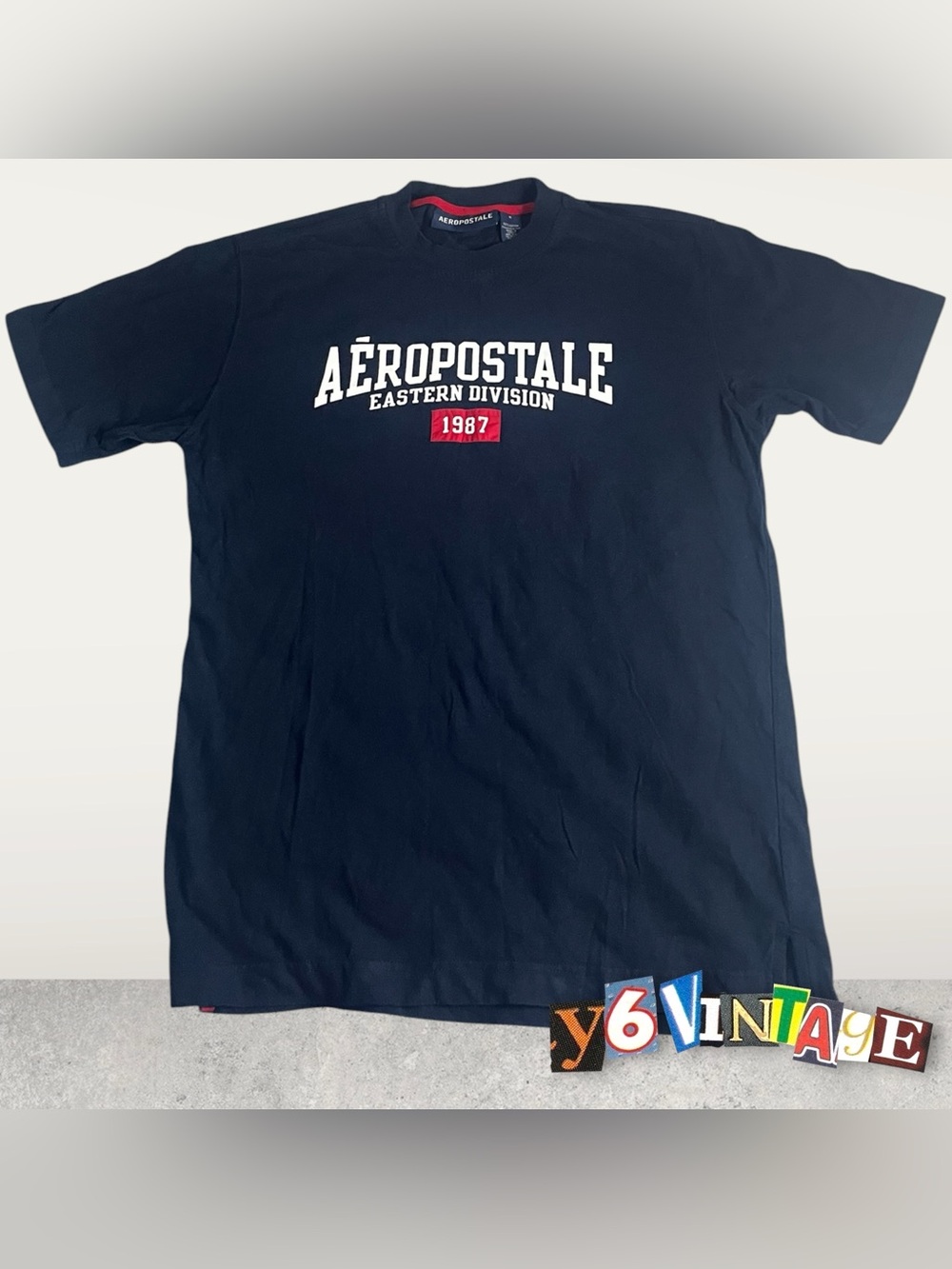 Aeropostale Navy Short Sleeve Tee with White Logo and Red Accent